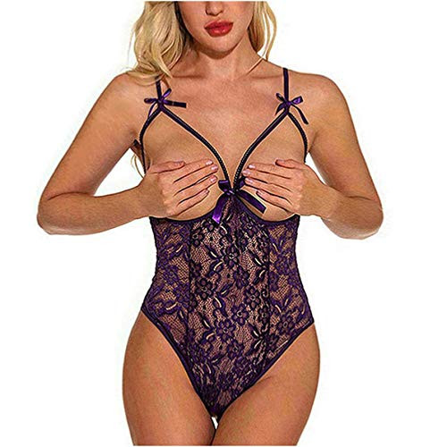 Lingerie for Women Teddy One Piece Lace Babydoll Mini Bodysuit Sleepwear for Sex Purple