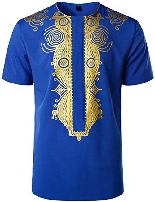 LucMatton Men's African Traditional Metallic Gold Printed Dashiki Luxury Hidden Button Short Sleeve Shirt Royal Blue X-Large LucMatton Men's African Traditional Metallic Gold Printed Dashiki Luxury Hidden Button Short Sleeve Shirt Royal Blue X-Large