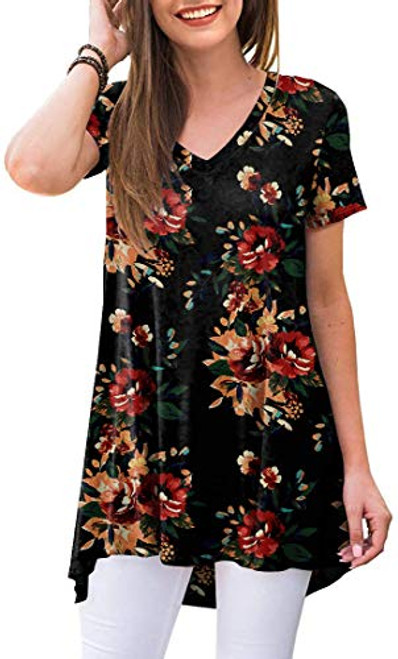 POPYOUNG Women's Summer Casual T-Shirt V-Neck Short Sleeve Tunic Tops for Leggings Loose Blouse Shirt 3XL  Brown Floral Black