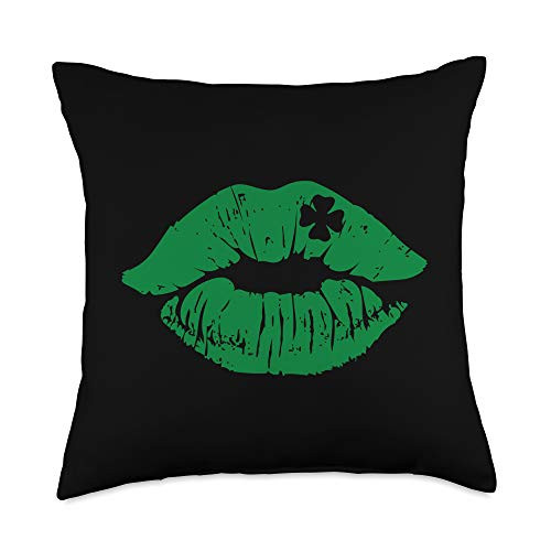 Green St Patricks Day Tops Women Green Irish Lips Kiss Clover St Pattys Day Top Shamrock Throw Pillow  18x18  Multicolor