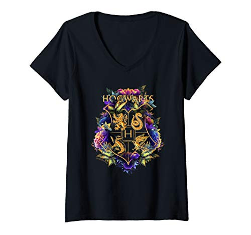 Womens Harry Potter Hogwarts Multi-Colored Floral Crest V-Neck T-Shirt