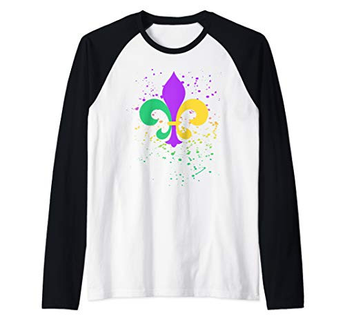 Mardi Gras Fleur De Lis Paint Splatter NOLA Raglan Baseball Tee