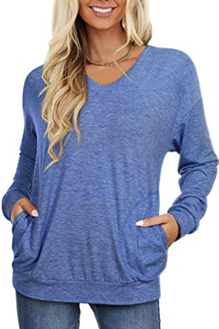 MIDOVAN V Neck Shirts - Long Sleeve T Shirt for Womens Tops Blouse with Pocket Casual Loose Fit Tunic Baggy Tops  Neon blue  X-Large MIDOVAN V Neck Shirts - Long Sleeve T Shirt for Womens Tops Blouse with Pocket Casual Loose Fit Tunic Baggy Tops  Neon blue  X-Large