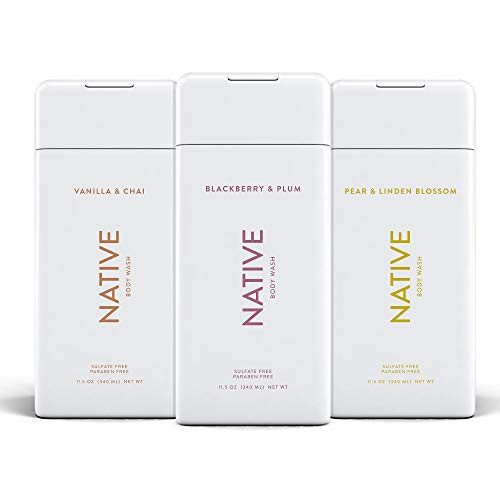 Native Body Wash 3 Pack - Natural Body Wash Women  and  Men - Naturally Derived Ingredients - SLS  and  Paraben Free - Blackberry  and  Plum  Vanilla  and  Chai  Pear  and  Linden Blossom