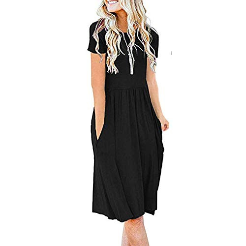 Aniywn Women's Short Sleeve Pleated Loose Swing Casual Dress with Pockets Knee Length Flare Dress Black