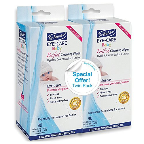 Purified  Non Irritating  Hypoallergenic  and  Sensitive Approved Baby Eyelid Wipes by Dr. Fischer  Pre-moistened  Rinse Free and Pediatrician Recommended  Twin Pack