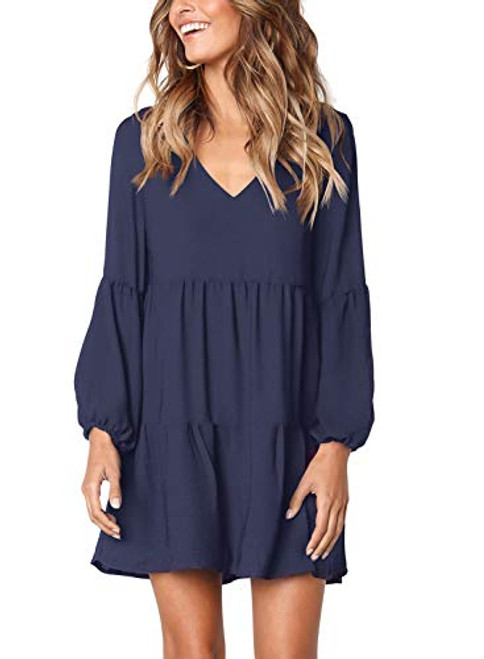 Arolina Women's Long Sleeve Tunic Dress V Neck Casual Loose Fall Flowy Swing Shift Dresses Navy Blue