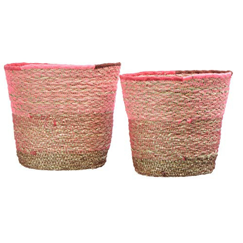 Creative Co-op Hand-Woven Seagrass Pink and Red Stitching  Set of 2 Baskets