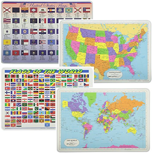 Painless Learning Educational Placemats for Kids USA Map World Map State Flags World Flags Laminated Washable