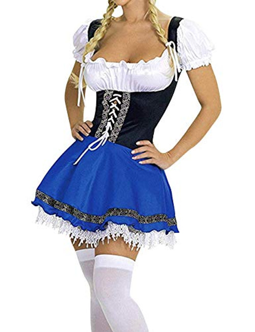 M_Eshop Women's Oktoberfest Costume Bavarian Beer Girl Maid Dress Halloween Costume  L  Blue