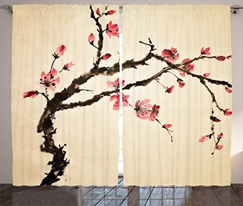 Ambesonne Japanese Curtains Traditional Chinese Paint of Figural Tree Details Brushstroke Effects Print Living Room Bedroom Window Drapes 2 Panel Set 108" X 84" Pink Brown Ambesonne Japanese Curtains Traditional Chinese Paint of Figural Tree Details Brushstroke Effects Print Living Room Bedroom Window Drapes 2 Panel Set 108" X 84" Pink Brown