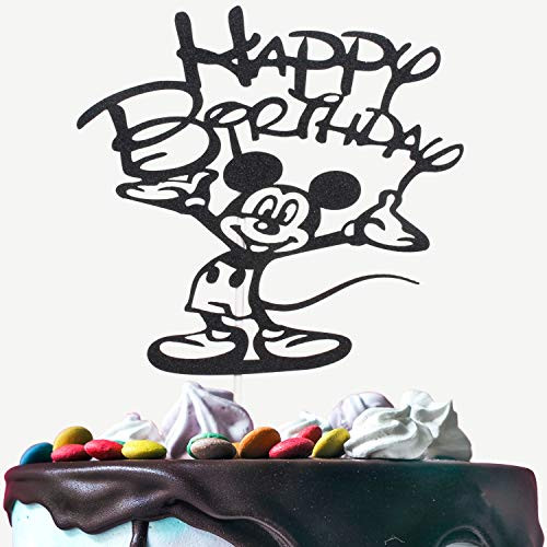 Mickey Mouse Happy Birthaday Cake Topper - Celebrate Baby Shower Kids Birthday Party Décor - Adorable Disney Theme Black Glitter Cardstock Decorations