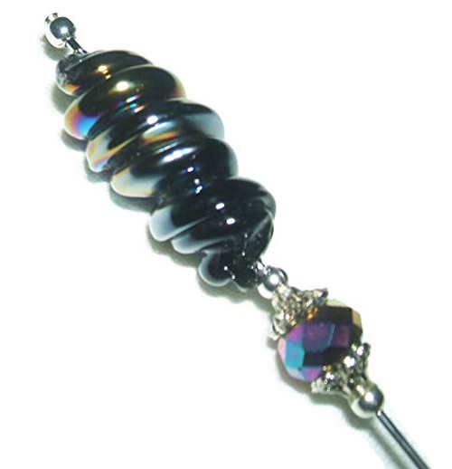 BLACK AB SWIRLED GLASS Stick Hat Pin Long Hatpin Vintage Style Silver Plated