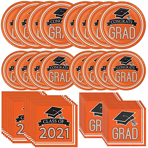Creative Converting Orange Congrats Grad Class of 2021 Dinnerware Bundle  Dinner  and  Luncheon Plates  Luncheon  and  Beverage Napkins  Senior School Celebration  Class Party  Family BBQ