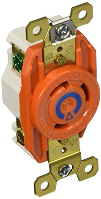 Hubbell Wiring Systems IG2620 SpikeShield Twist-Lock Isolated Ground Single Receptacle  Back and Side Wired  250V  30A  2 HP  2-Pole  3-Wire  Orange