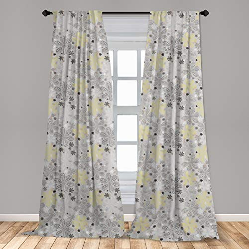 Ambesonne Grey and Yellow 2 Panel Curtain Set  Bohem Style Paisley Print Flowers Dots Art Image  Lightweight Window Treatment Living Room Bedroom Decor  56" x 84"  Grey White