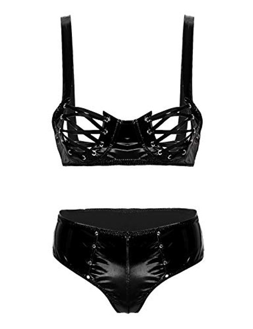 Alvivi Women's Wet Look Patent Leather Lingerie Set Clubwear Punk Gothic 2Pcs Bodysuit Swimwear Black Large
