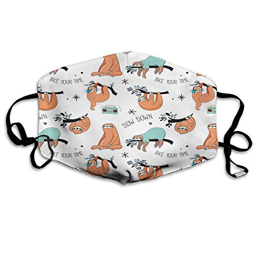 Comfortable Activated Carbon Mask Sloth  Pattern with Hand Drawn Sloths on Branches Laziness Mood Words Fun Blue Orange Printed Facial Decorations For Adults
