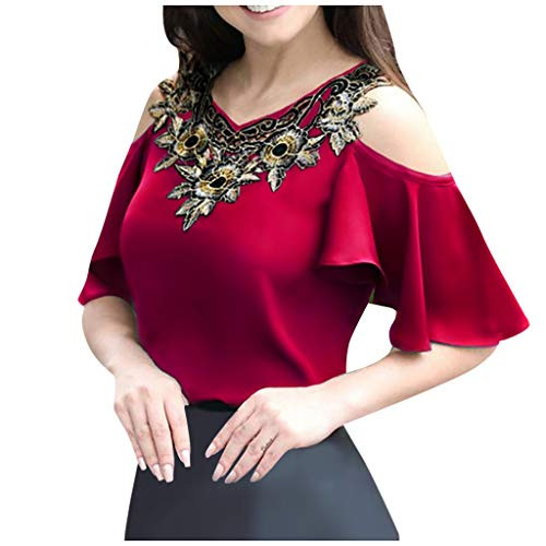 Womens Tops Plus Size Short Sleeve T Shirts V-Neck Embroidery Patchwork Off Shoulder Casual Blouses for Women 2020 Red