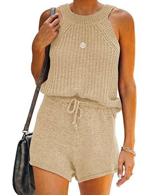 Saodimallsu Womens Two Piece Outfits Summer Halter High Neck Tank Top Ribbed Knit Sleeveless Shirts High Waist Shorts Apricot