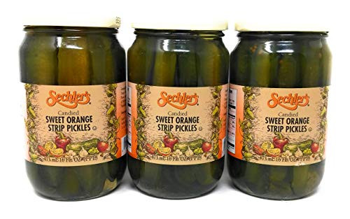 Sechlers Candied Sweet Orange Strip Pickles Bundle - 3 x 16 Ounce Jars of Sechlers Candied Strip Pickles  Orange Flavor  Bundled with Recipe Card