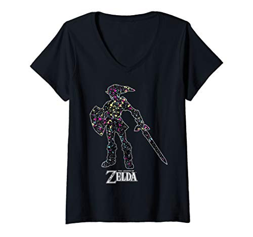 Womens Nintendo Zelda Link Silhouette Paint Splat V-Neck T-Shirt