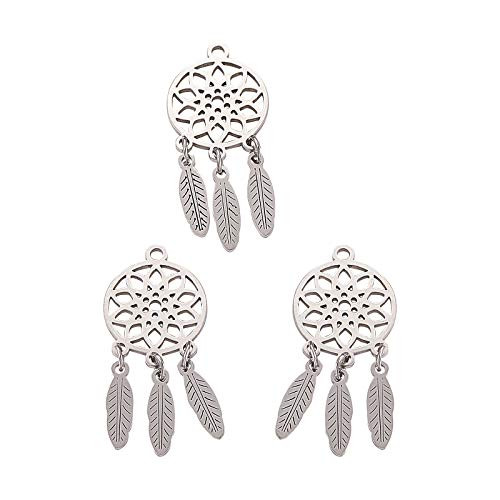 DanLingJewelry 10 pcs 304 Stainless Steel Charms Valentines Day CharmsWoven Net with Feather Charms for Jewelry Making Crafts 31x14mm