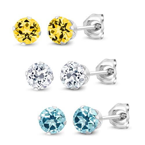 Gem Stone King Set of 3 4mm White Honey Ice Blue Color Topaz 925 Sterling Silver Stud Earrings