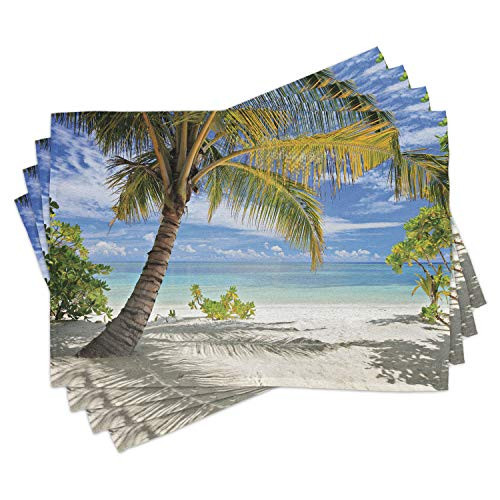 Ambesonne Palm Tree Place Mats Set of 4  Tropical Sandy Beach with Palm Trees Maldives Coastline Peaceful Theme  Washable Fabric Placemats for Dining Room Kitchen Table Decor  Coconut Blue