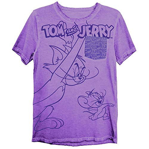 Mens Tom and Jerry Battle Shirt - Classic Hanna-Barbera Tee - Vintage Cartoon Chase Pocket T-Shirt Purple Wash Large Mens Tom and Jerry Battle Shirt - Classic Hanna-Barbera Tee - Vintage Cartoon Chase Pocket T-Shirt Purple Wash Large