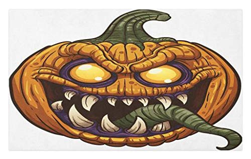 Lunarable Halloween Doormat  Scary Pumpkin Monster Evil Character with Fangs Aggressive Cartoon  Decorative Polyester Floor Mat with Non-Skid Backing  30" X 18"  Purple Orange Dark Green