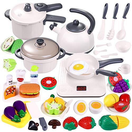 46PCS Kids Kitchen Play Toys - Pretend Play Cooking Kit with Electronic Induction Cooktop  Pots and Pans Playset  Cutting Play Food and Cooking Utensils  Learning Gift for Toddlers Girls Boys