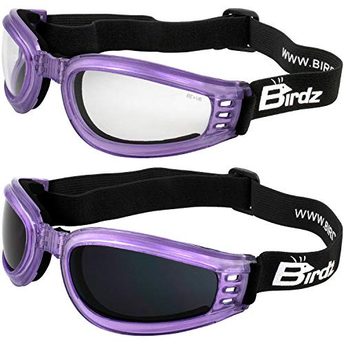 2 Pairs of Birdz Eyewear Cardinal Women's Purple Padded Motorcycle Goggles Super Dark  and  Clear Lenses
