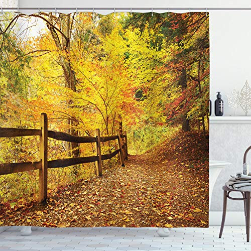 Ambesonne Landscape Shower Curtain  Autumn Season Fall Trees Leaves on Pathway to Forest with Fence Photo  Cloth Fabric Bathroom Decor Set with Hooks  75" Long  Ginger Yellow