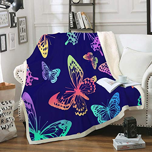 Multi Butterfly Blanket Blue Throw Blanket Pink Purple Butterflies Printed Dark Blue Sherpa Fleece Blanket Teens Adults Bed Blanket for Bedroom Sofa  Throw 50"x60"   Multi Butterfly