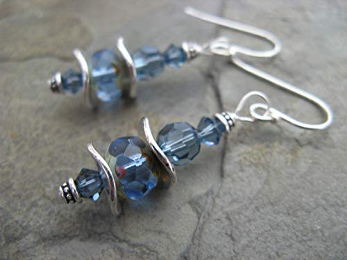 Denim Blue Swarovski and Czech Picasso Crystal Mixed Metals Sterling Silver Wavy Earrings Artisan Jewelry