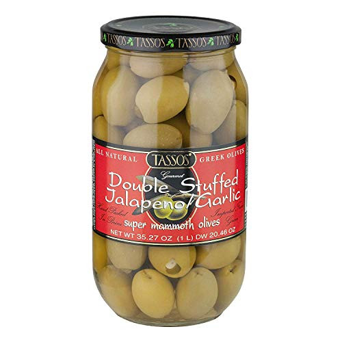 Tassos Double Stuffed Jalapeno and Garlic Olives  1L ES