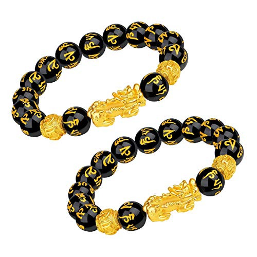 Feng Shui Black Obsidian Wealth Bracelet  Feng Shui Pi Xiu 12mm Black Hand Carved Mantra Adjustable Elastic Bead Bracelet for Men Women Attract Wealth Money Feng Shui Bracelet  2pcs