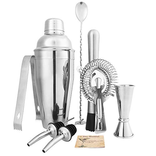 8 Piece Mixology Bartender Kit - 24 Ounce Cocktail Shaker  Spoon  Ice Tong  Muddler  Jigger  Strainer  Pourers