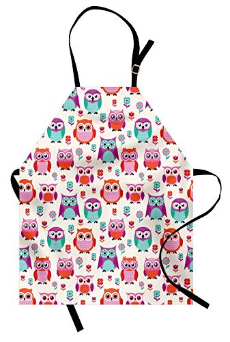 Ambesonne Owls Apron  Owls Happy Childhood Hipster Modern Repeated Animals Pattern Illustration  Unisex Kitchen Bib with Adjustable Neck for Cooking Gardening  Adult Size  Seafoam Fuchsia