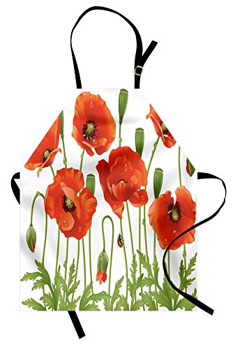 Lunarable Flower Apron  Spring Wild Flower Poppy Ladybug Leaf Springtime Garden Nature Backyard Print  Unisex Kitchen Bib with Adjustable Neck for Cooking Gardening  Adult Size  Orange Green