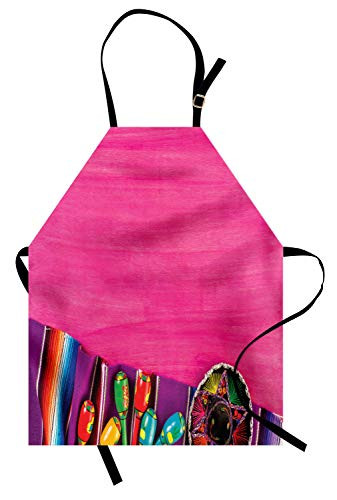 Ambesonne Mexican Apron  View of Folkloric Serape Blanket Charro and Music Instruments Cultural Elements  Unisex Kitchen Bib with Adjustable Neck for Cooking Gardening  Adult Size  Fuchsia Purple