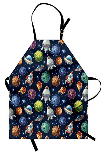 Ambesonne Space Apron  Futuristic Science Fiction Comic Planet Spaceships Androids Rockets UFO Illustration  Unisex Kitchen Bib with Adjustable Neck for Cooking Gardening  Adult Size  Navy Blue