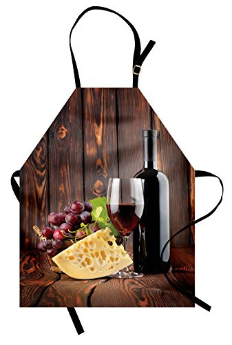 Ambesonne Wine Apron  Red Wine Cabernet Bottle and Glass Cheese and Grapes on Wood Planks Print  Unisex Kitchen Bib with Adjustable Neck for Cooking Gardening  Adult Size  Burgundy Brown