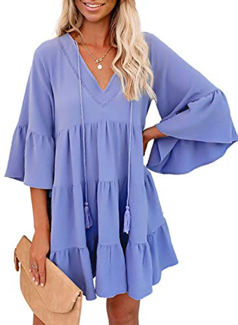 ZKESS Women Summer Tunic Dress V Neck Long Sleeve Casual Loose Flowy Swing Shift Dress Blue Small ZKESS Women Summer Tunic Dress V Neck Long Sleeve Casual Loose Flowy Swing Shift Dress Blue Small
