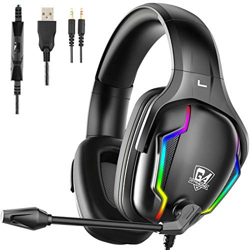 Gaming Headset for PC - Computer Headphones with Surround Sound Stereo Noise Canceling Mic Microphone RGB Light - Gaming Headphones for Nintendo Switch  PS4  Console Laptop Black