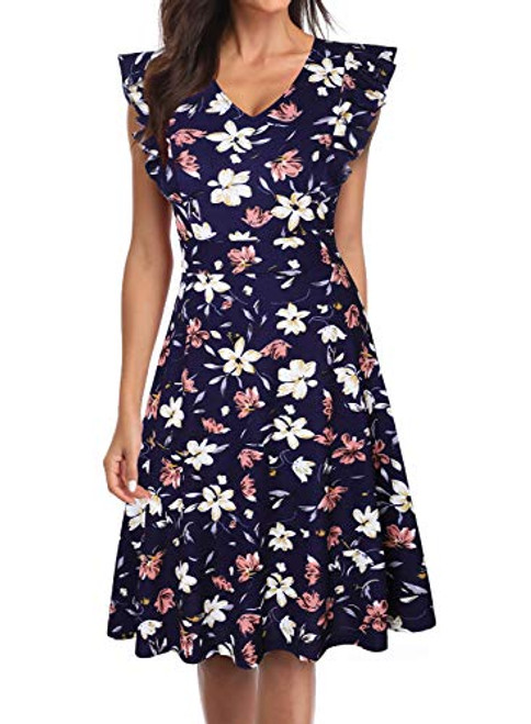 OWIN Women's Vintage Ruffle Floral Flared V Neck Swing Casual Cocktail Party Dresses with Pockets