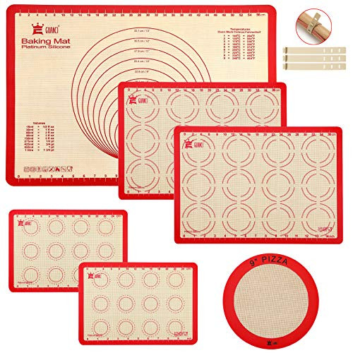 6-Piece Silicone Baking Mat Set GUANCI 25"x17-1 2" Large Pastry Mat and 2PCS Rolling Macaron Baking Mat and 2PCS Reusable Baking Mat and 1PCS 9"Round Pizza Baking Mat for Rolling Macaroon Pastry Pizza Cookie