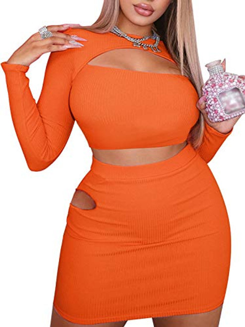 Women's Sexy Two Piece Outfits Long Sleeve Crop Top Skirt Set Bodycon Mini Club Dress Orange Small