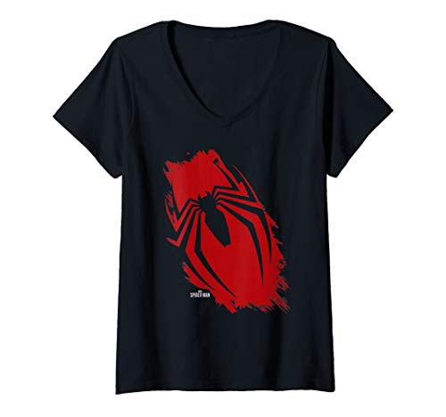 Womens Marvel Spider-Man Paint Brush Smear Logo Stencil V-Neck T-Shirt